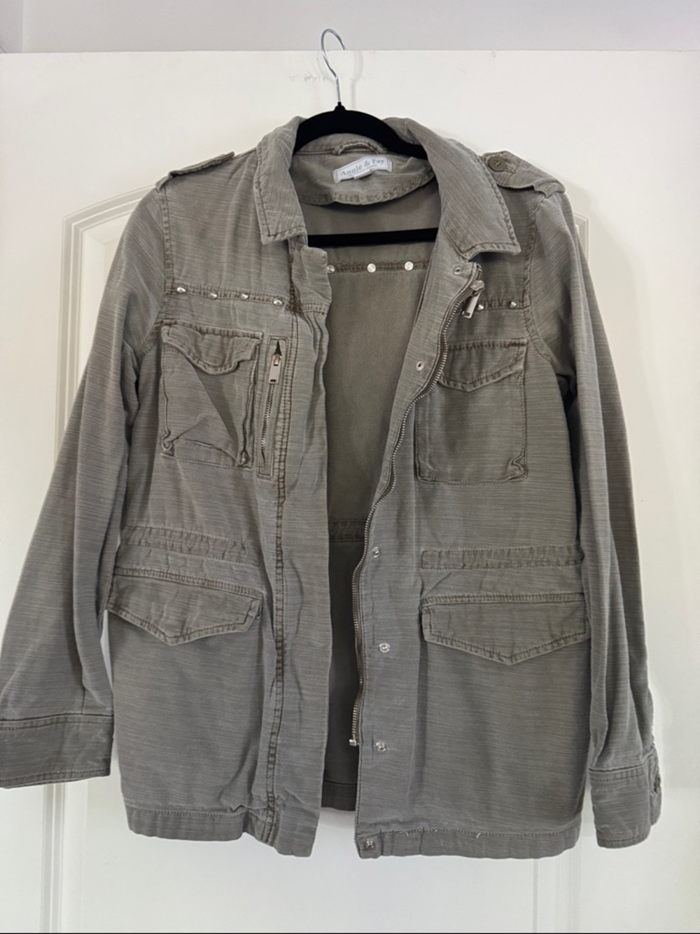 Antique Olive Green Utility Jacket with Stud Accents